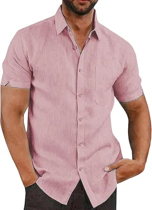 Oyamiki Mens Short Sleeve Regular-Fit Shirt Fishing Tees Linen Casual Button-Down Shirts
