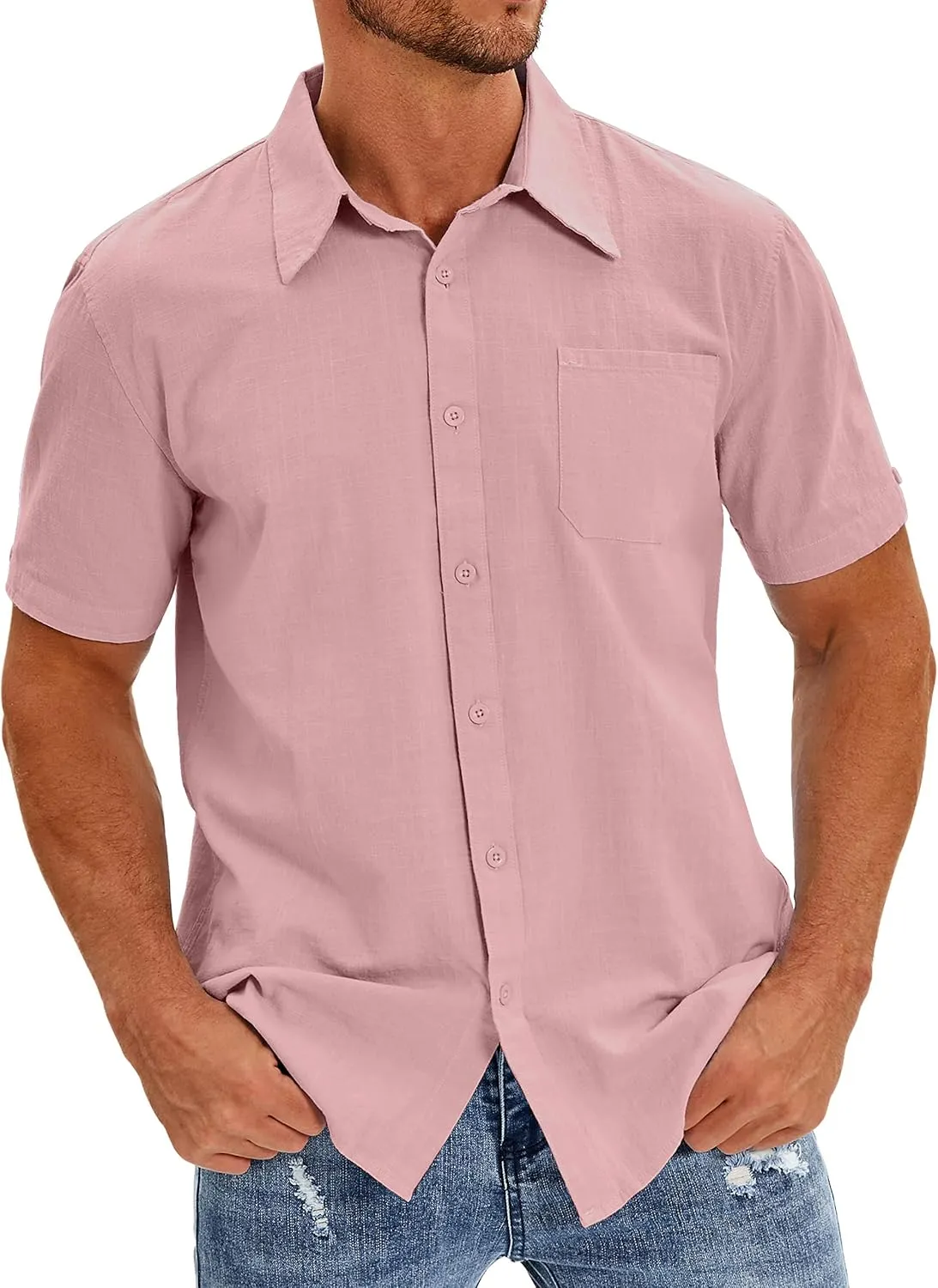 Oyamiki Mens Short Sleeve Regular-Fit Shirt Fishing Tees Linen Casual Button-Down Shirts