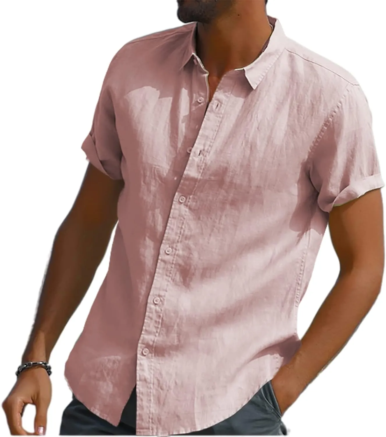 Oyamiki Mens Short Sleeve Regular-Fit Shirt Fishing Tees Linen Casual Button-Down Shirts