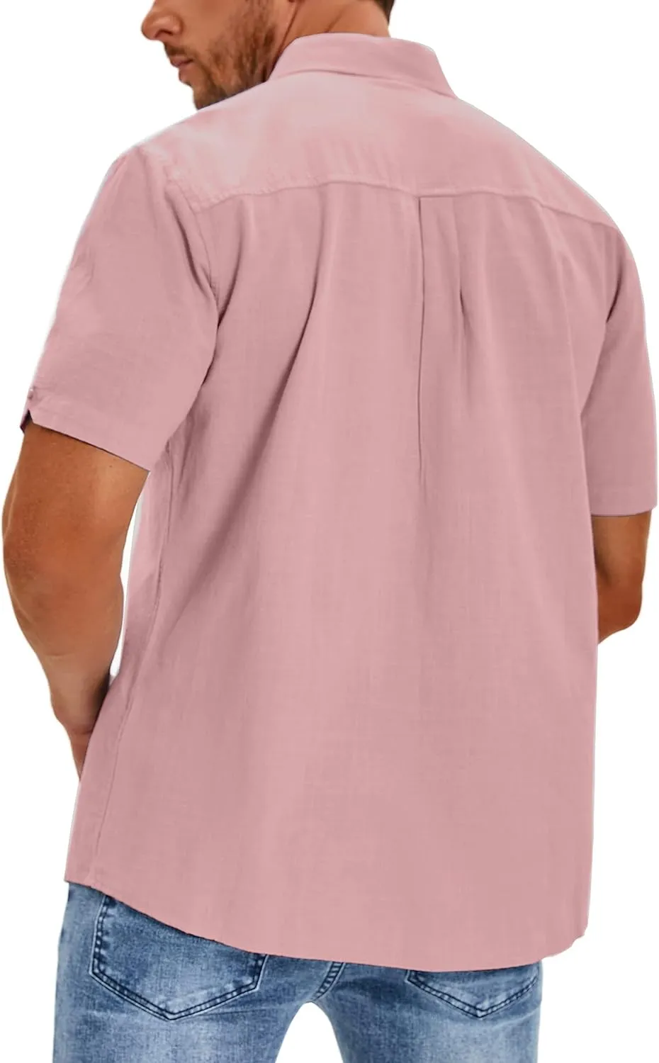 Oyamiki Mens Short Sleeve Regular-Fit Shirt Fishing Tees Linen Casual Button-Down Shirts