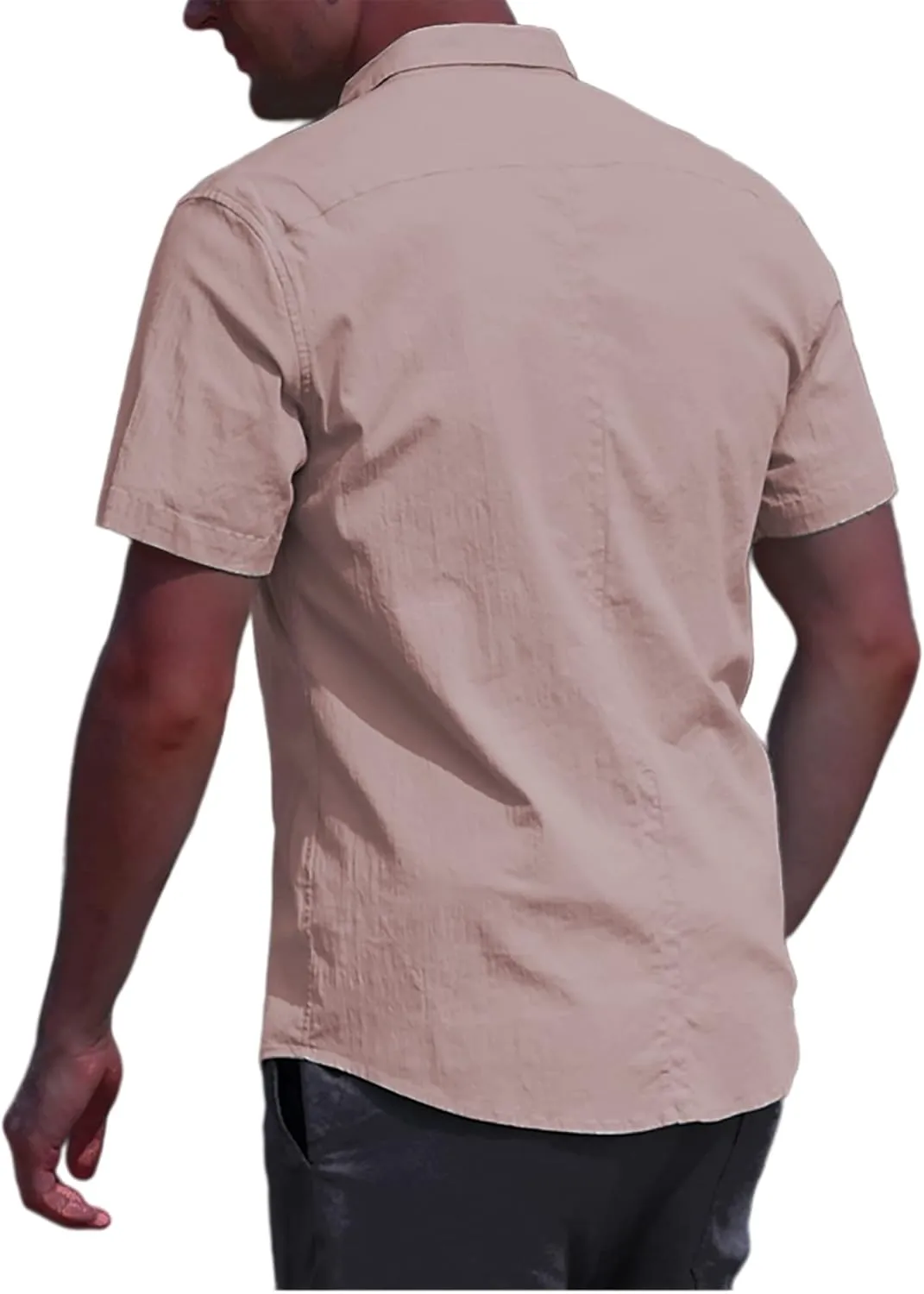 Oyamiki Mens Short Sleeve Regular-Fit Shirt Fishing Tees Linen Casual Button-Down Shirts