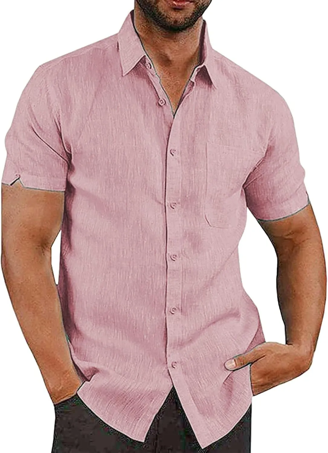 Oyamiki Mens Short Sleeve Regular-Fit Shirt Fishing Tees Linen Casual Button-Down Shirts
