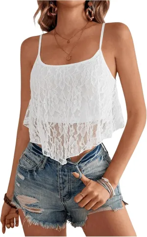 OYOANGLE Women's Contrast Lace Double Layers Camisoles Spaghetti Strap Ruffle Asymmetrical Hem Cami Crop Tops