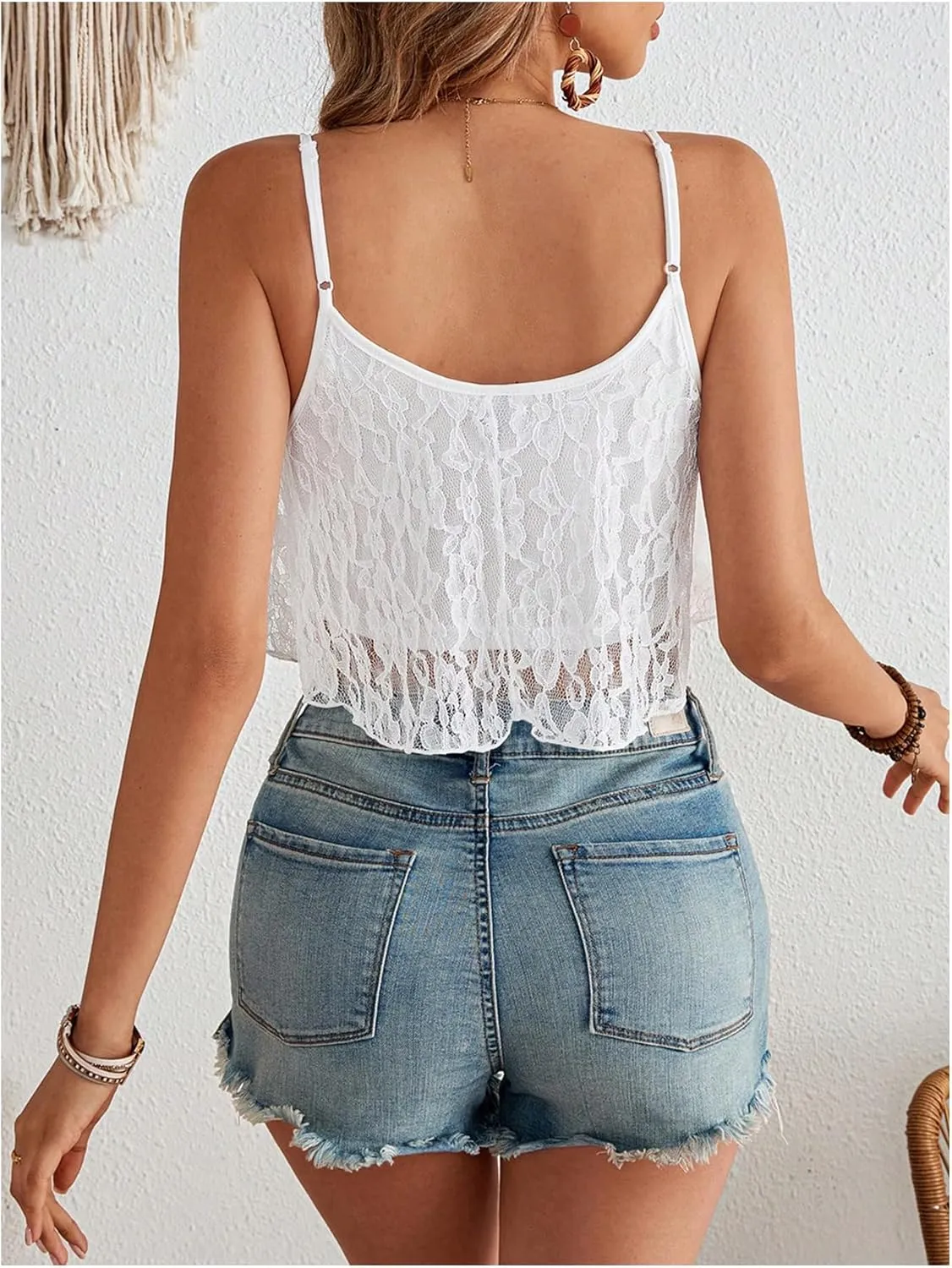 OYOANGLE Women's Contrast Lace Double Layers Camisoles Spaghetti Strap Ruffle Asymmetrical Hem Cami Crop Tops