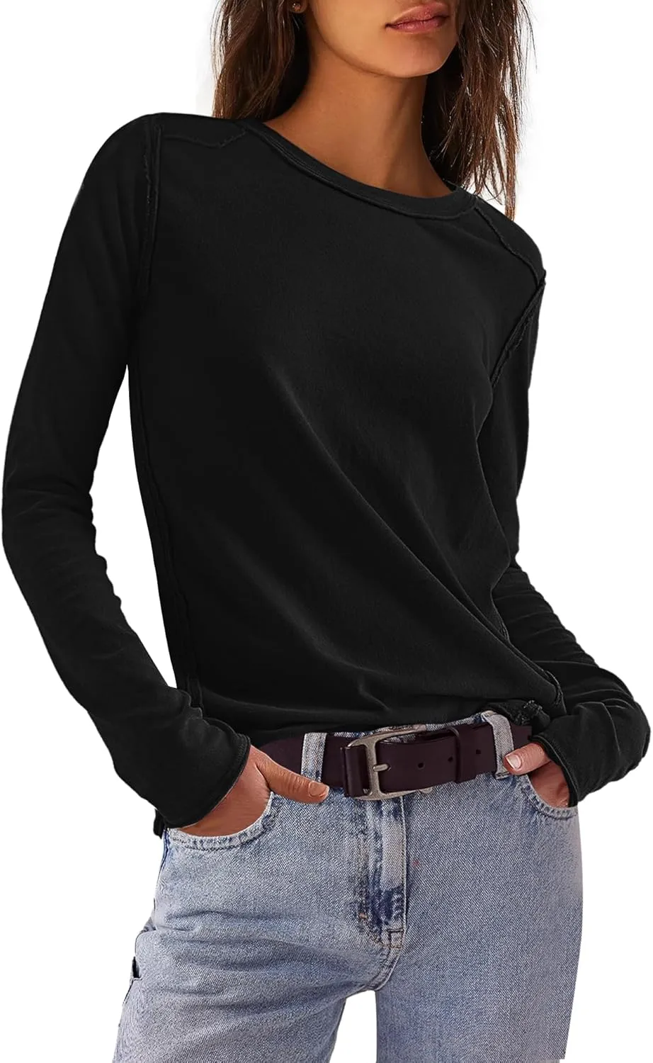 Panadila Womens Long Sleeve Crewneck Shirts Oversized Casual Pullover Tops Loose Fit Layering Top Spring Basic Tee