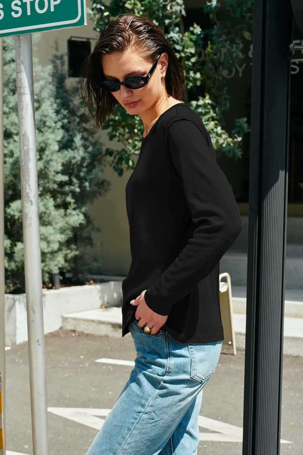 Panadila Womens Long Sleeve Crewneck Shirts Oversized Casual Pullover Tops Loose Fit Layering Top Spring Basic Tee