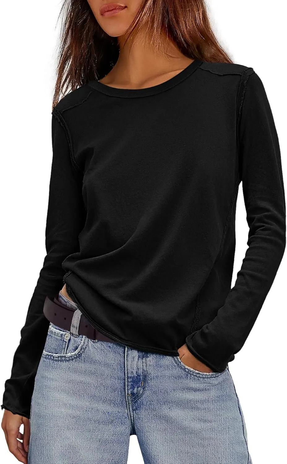 Panadila Womens Long Sleeve Crewneck Shirts Oversized Casual Pullover Tops Loose Fit Layering Top Spring Basic Tee