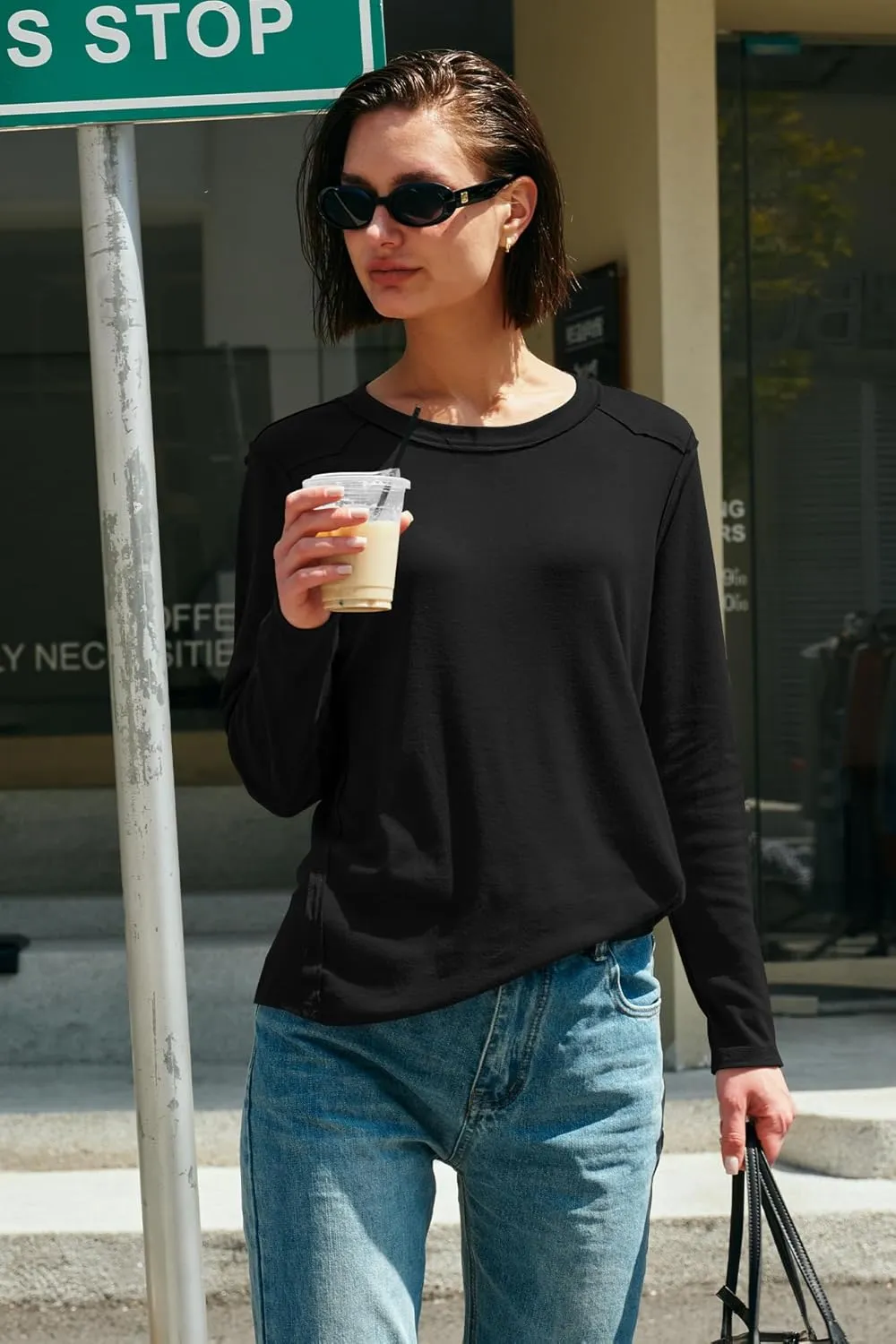Panadila Womens Long Sleeve Crewneck Shirts Oversized Casual Pullover Tops Loose Fit Layering Top Spring Basic Tee