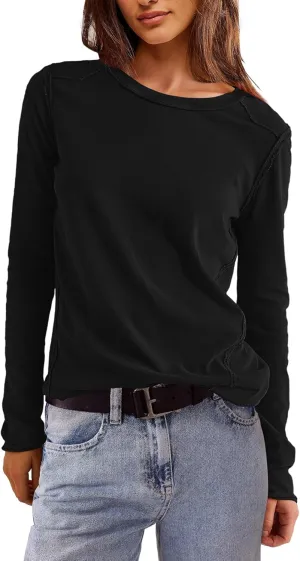Panadila Womens Long Sleeve Crewneck Shirts Oversized Casual Pullover Tops Loose Fit Layering Top Spring Basic Tee