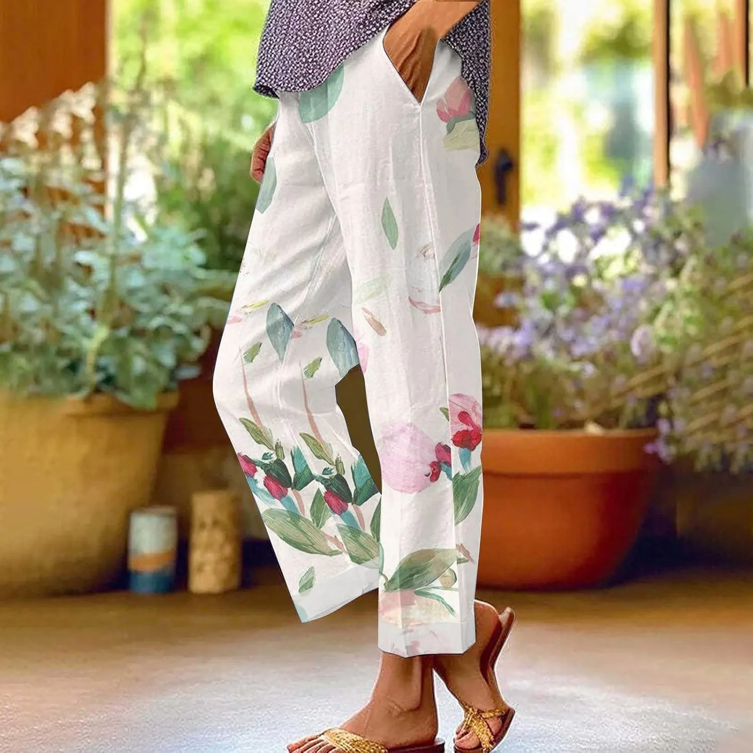 Pants for Women Casual Summer Drawstring Lightweight Elastic High Waist Linen Pants Straight Wide Leg Capris