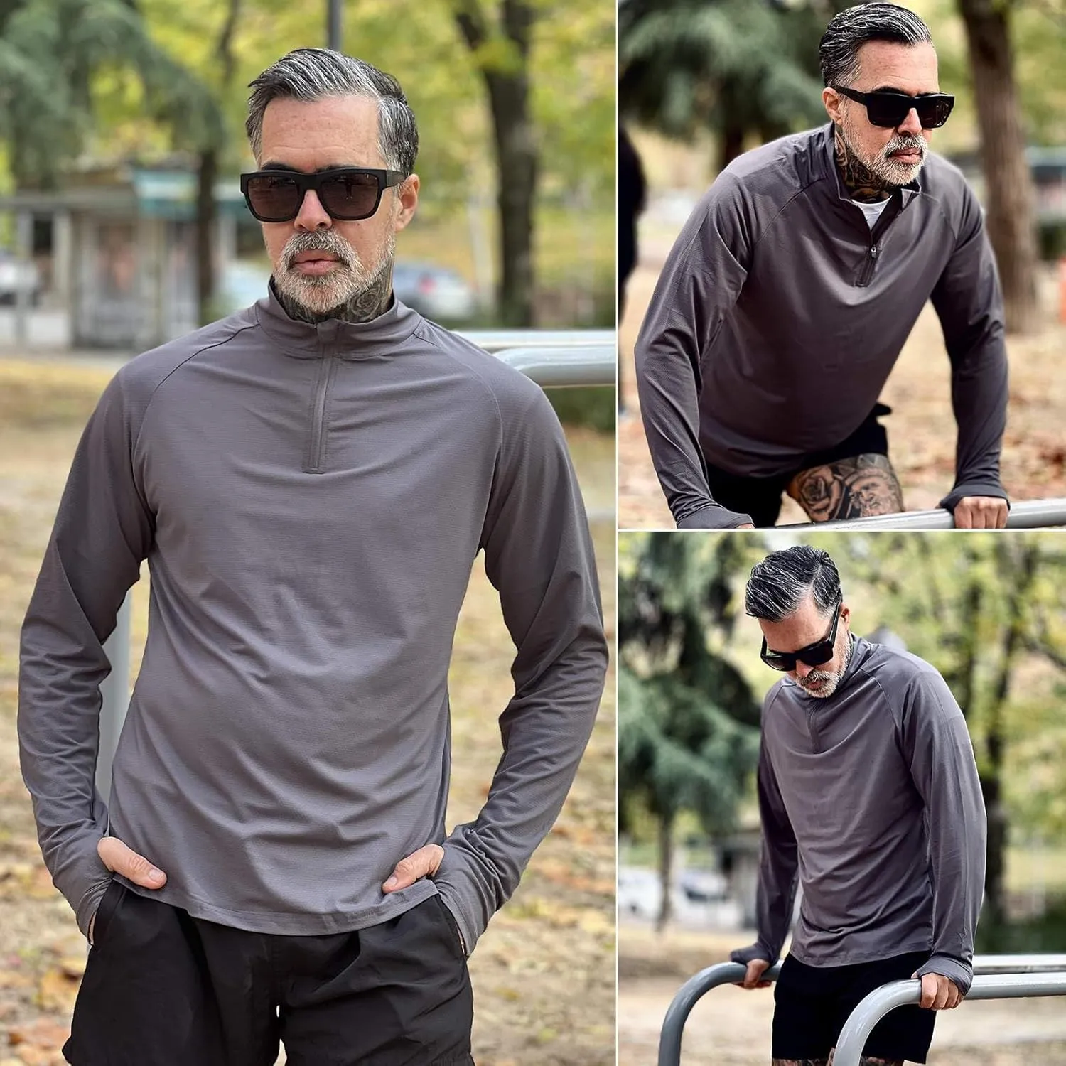 PINSPARK Mens Pullover Quarter Zip Lightweight UPF 50  Rash Guard Long Sleeve Beach Shirts Quick Dry Athletic Workout Shirts