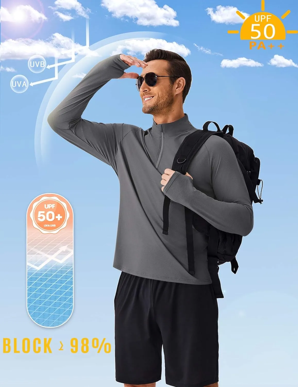 PINSPARK Mens Pullover Quarter Zip Lightweight UPF 50  Rash Guard Long Sleeve Beach Shirts Quick Dry Athletic Workout Shirts