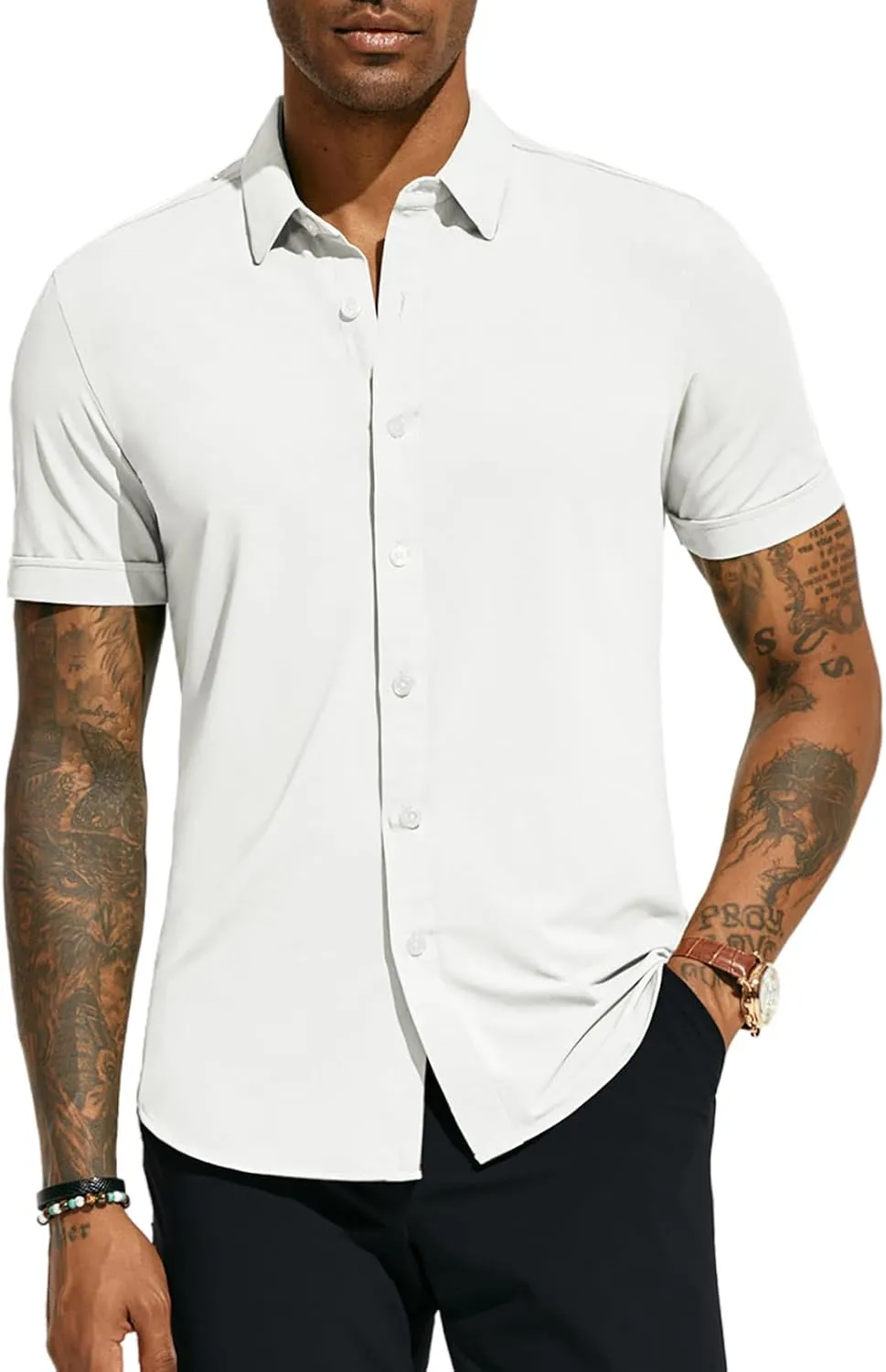 PJ PAUL JONES Mens Short Sleeve Button Down Shirts Wrinkle Free Stretch Dress Shirts for Men Casual Formal Shirt