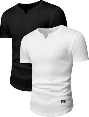 PLEPAN Mens Muscle T Shirts V Neck Short Sleeve Henley Shirt Hipster Longline Gym Workout Athletic Tee Shirts