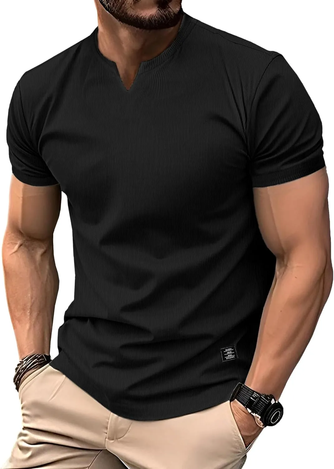 PLEPAN Mens Muscle T Shirts V Neck Short Sleeve Henley Shirt Hipster Longline Gym Workout Athletic Tee Shirts
