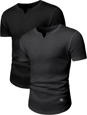 PLEPAN Mens Muscle T Shirts V Neck Short Sleeve Henley Shirt Hipster Longline Gym Workout Athletic Tee Shirts