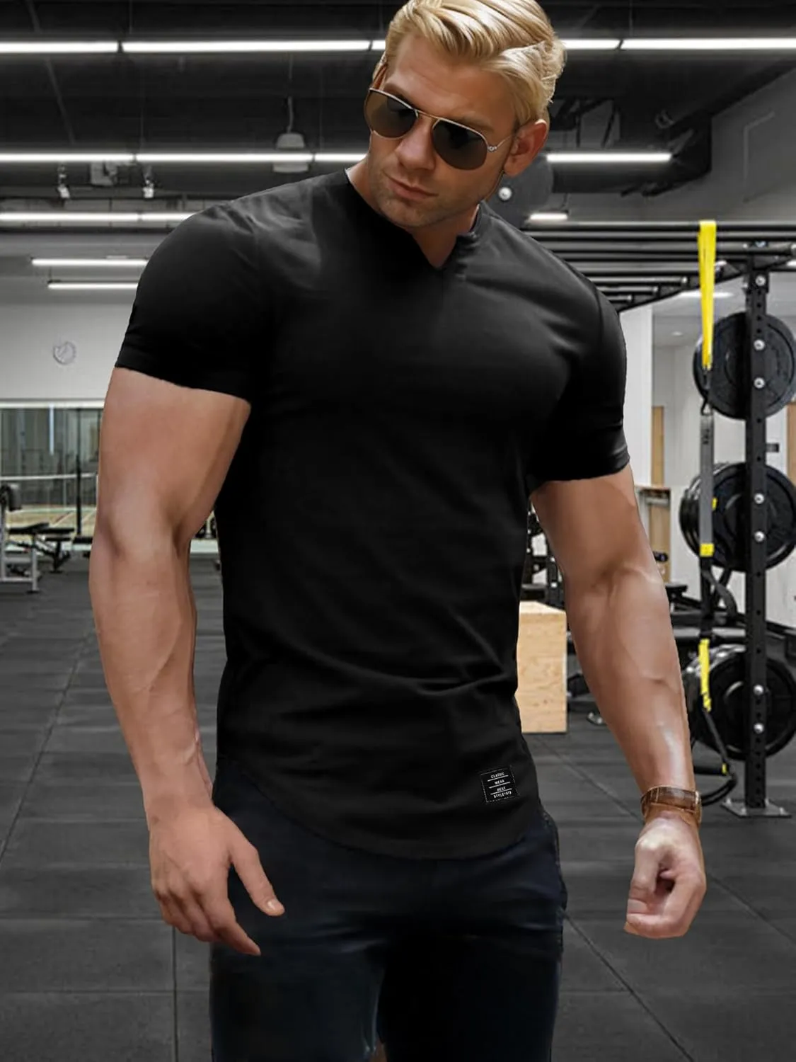 PLEPAN Mens Muscle T Shirts V Neck Short Sleeve Henley Shirt Hipster Longline Gym Workout Athletic Tee Shirts