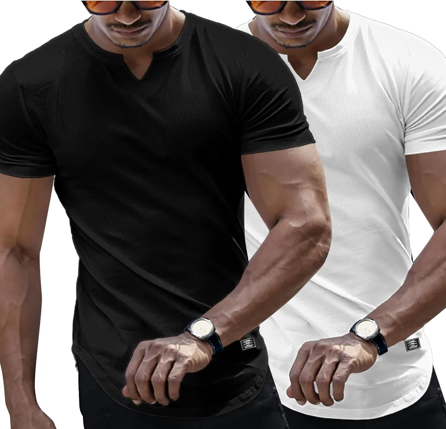 PLEPAN Mens Muscle T Shirts V Neck Short Sleeve Henley Shirt Hipster Longline Gym Workout Athletic Tee Shirts