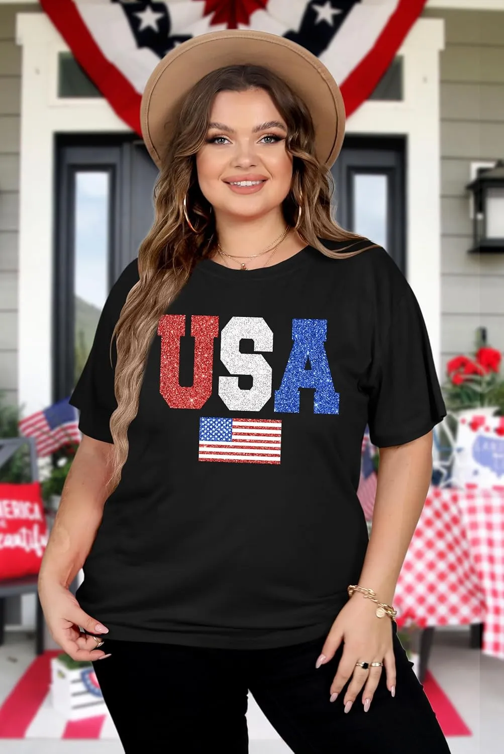 Plus Size American Flag Shirts Women Patriotic Shirts USA Flag Graphic T-Shirt 4th of July Tee Tops