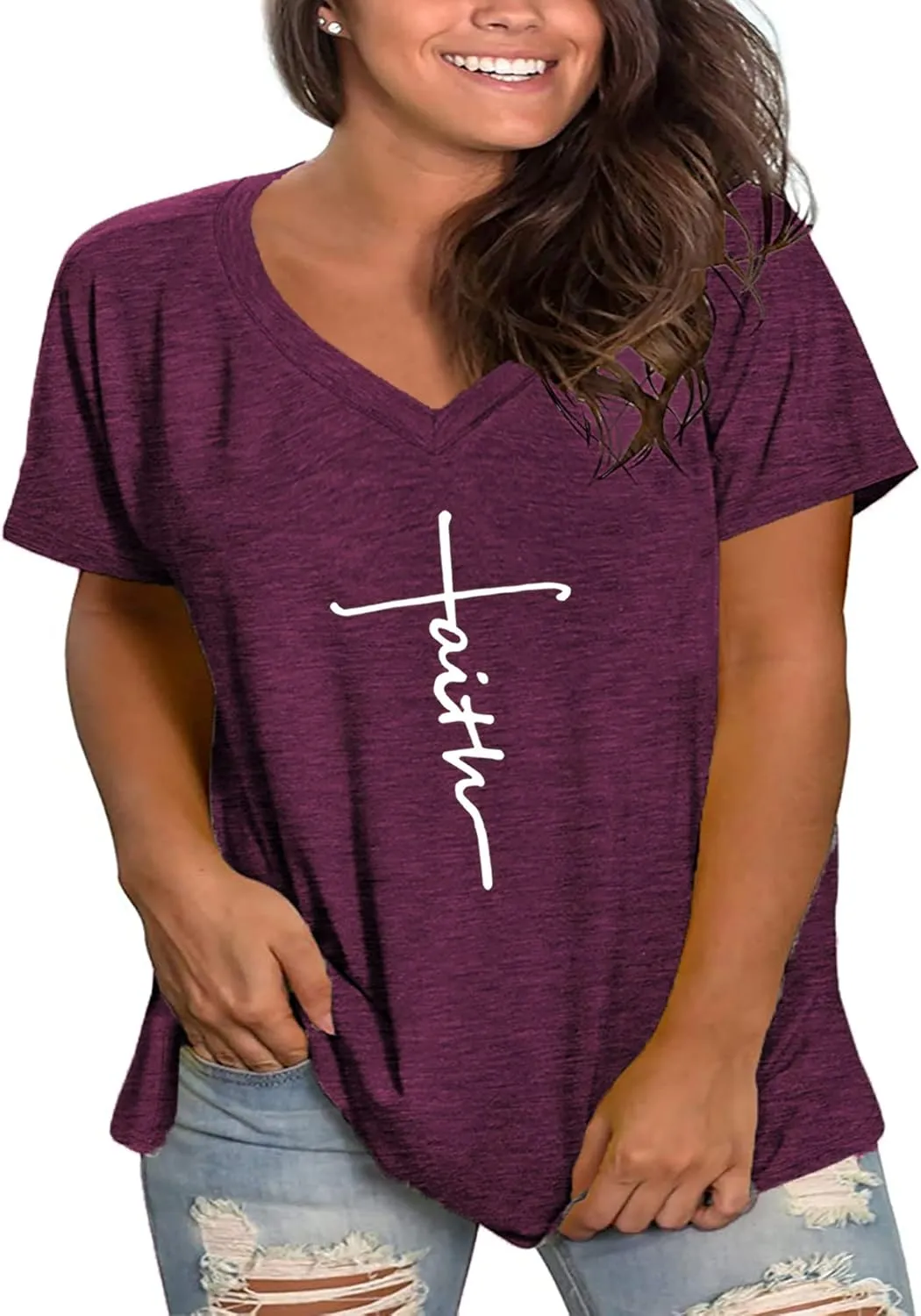 Plus Size Faith Shirts Womens V Neck Tshirt Graphic Tees Christian Short Sleeve Summer Tops