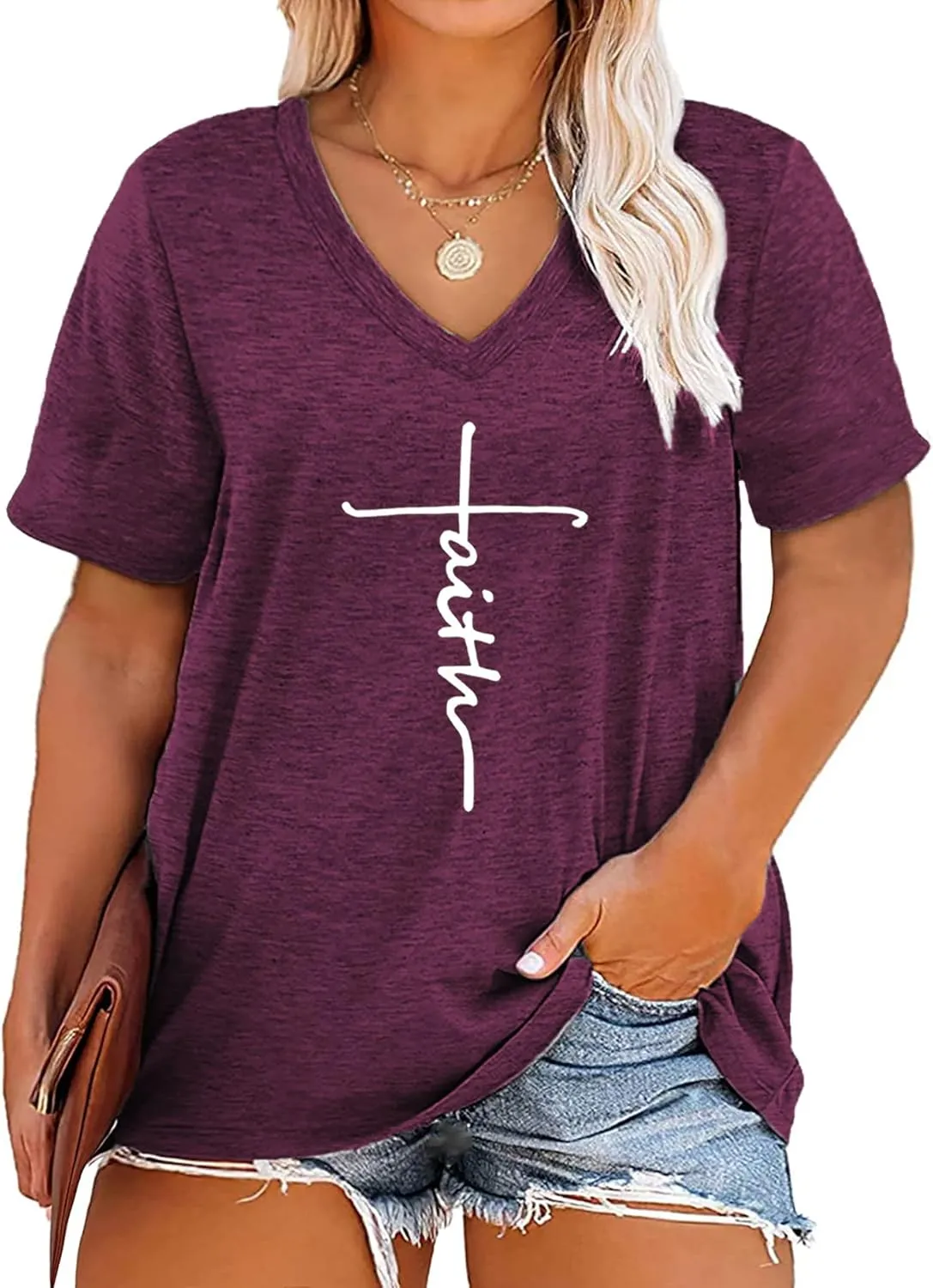 Plus Size Faith Shirts Womens V Neck Tshirt Graphic Tees Christian Short Sleeve Summer Tops