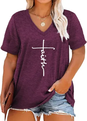 Plus Size Faith Shirts Womens V Neck Tshirt Graphic Tees Christian Short Sleeve Summer Tops