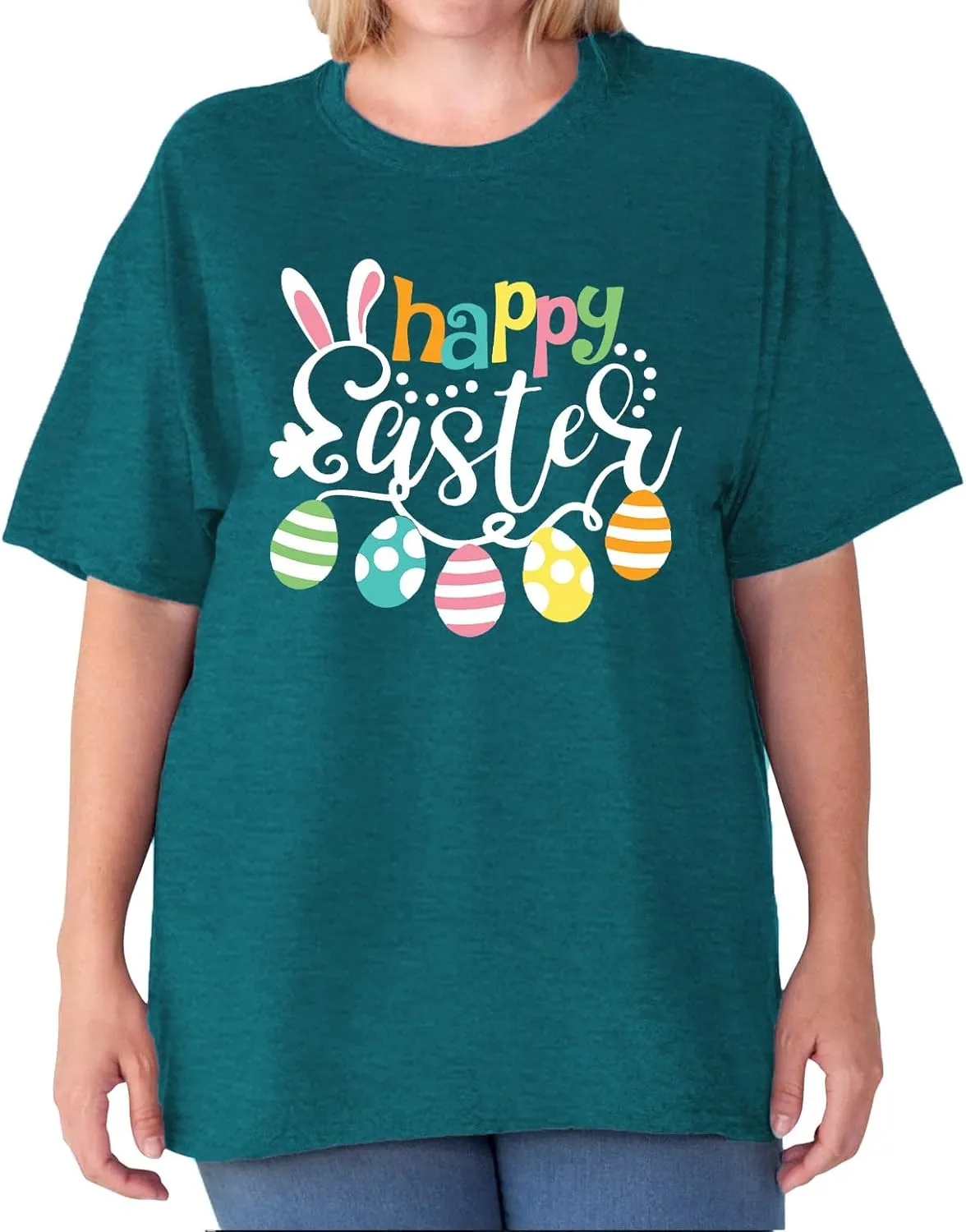 Plus Size Happy Easter Shirt for Women Funny Bunny Rabbit T Shirt Easter Holiday Tops Short Sleeve Tees