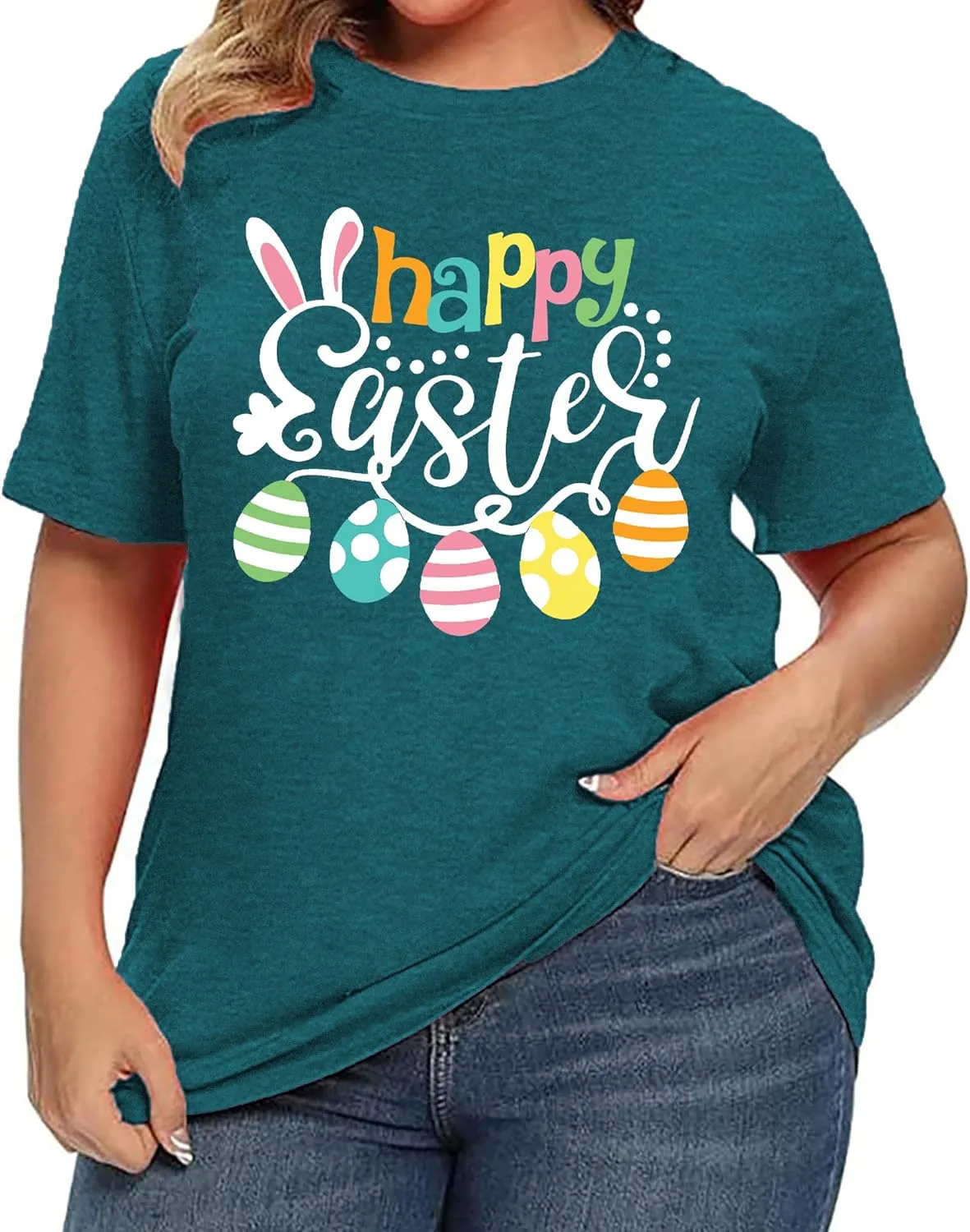 Plus Size Happy Easter Shirt for Women Funny Bunny Rabbit T Shirt Easter Holiday Tops Short Sleeve Tees