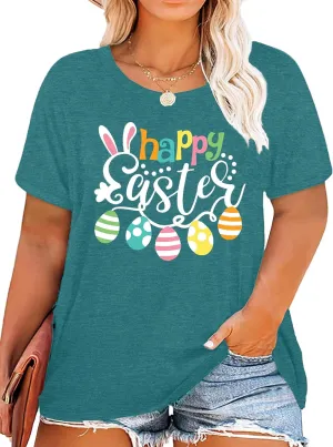 Plus Size Happy Easter Shirt for Women Funny Bunny Rabbit T Shirt Easter Holiday Tops Short Sleeve Tees