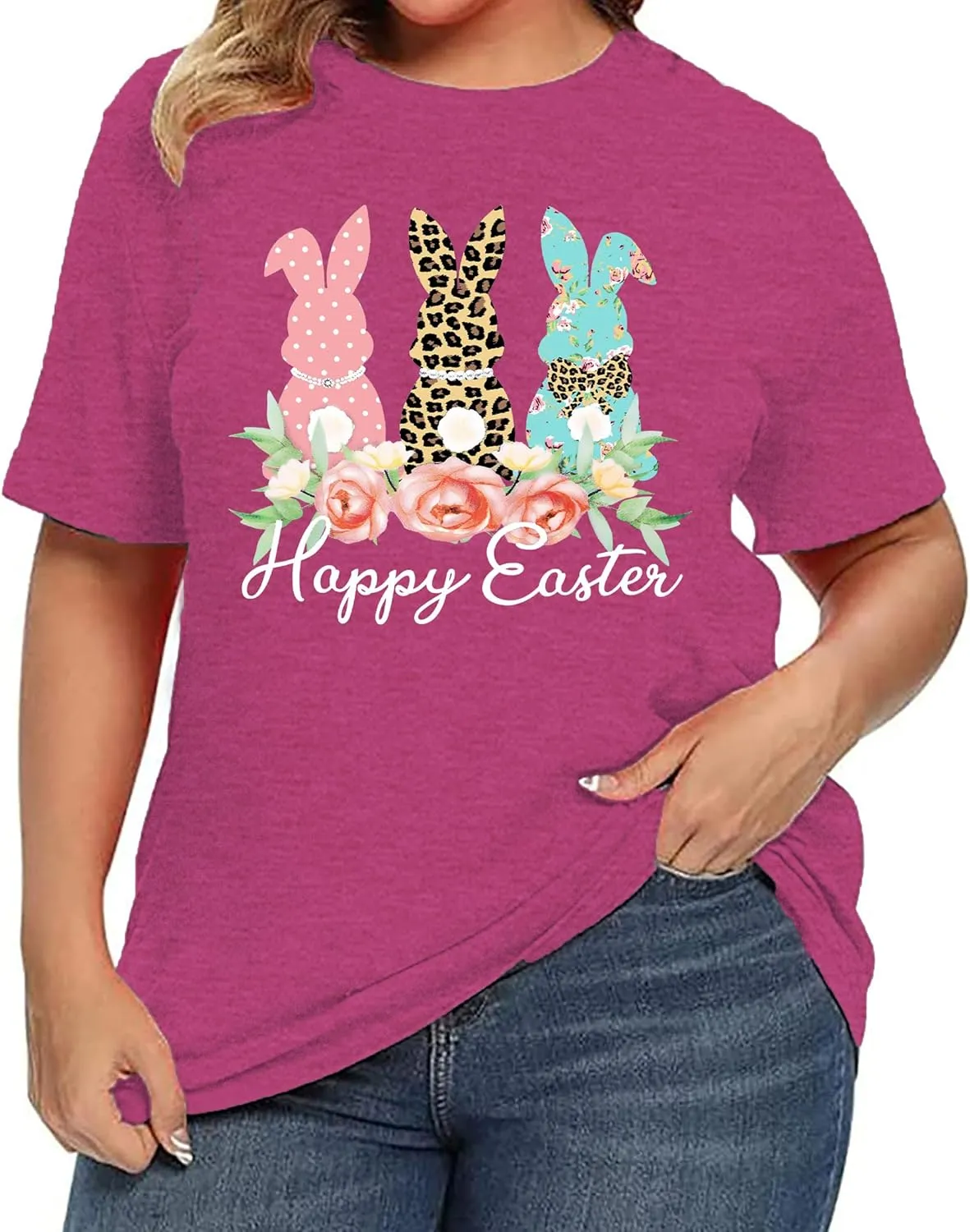Plus Size Happy Easter Shirt for Women Funny Bunny Rabbit T Shirt Easter Holiday Tops Short Sleeve Tees