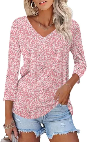 Poetsky Womens 3/4 Sleeve V Neck T Shirts Summer Casual Tops Basic Tees