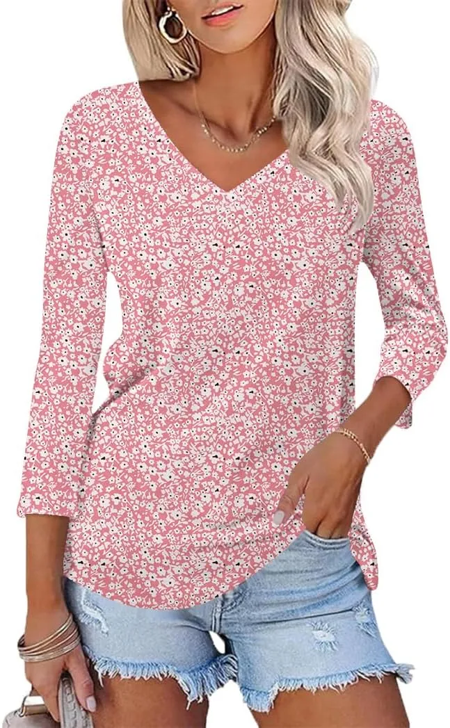 Poetsky Womens 3/4 Sleeve V Neck T Shirts Summer Casual Tops Basic Tees