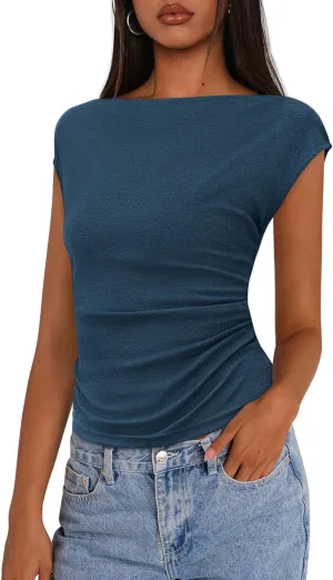 PRETTYGARDEN Women's Ruched Crop Tank Tops 2025 Summer Trendy Cap Sleeve Ribbed Knit Basic Fitted Going Out Tee Shirts