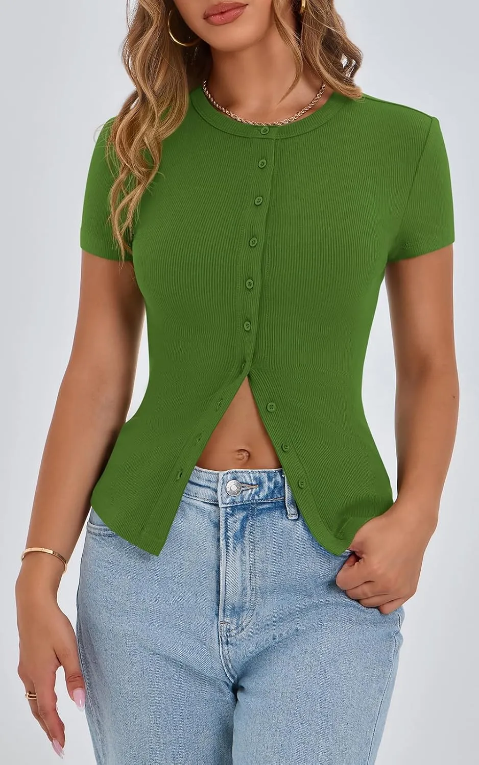 PRETTYGARDEN Women's Short Sleeve Summer Tops 2025 Trendy Ribbed Knit Button Up Tight Basic Tees Shirts Going Out Y2K Clothes
