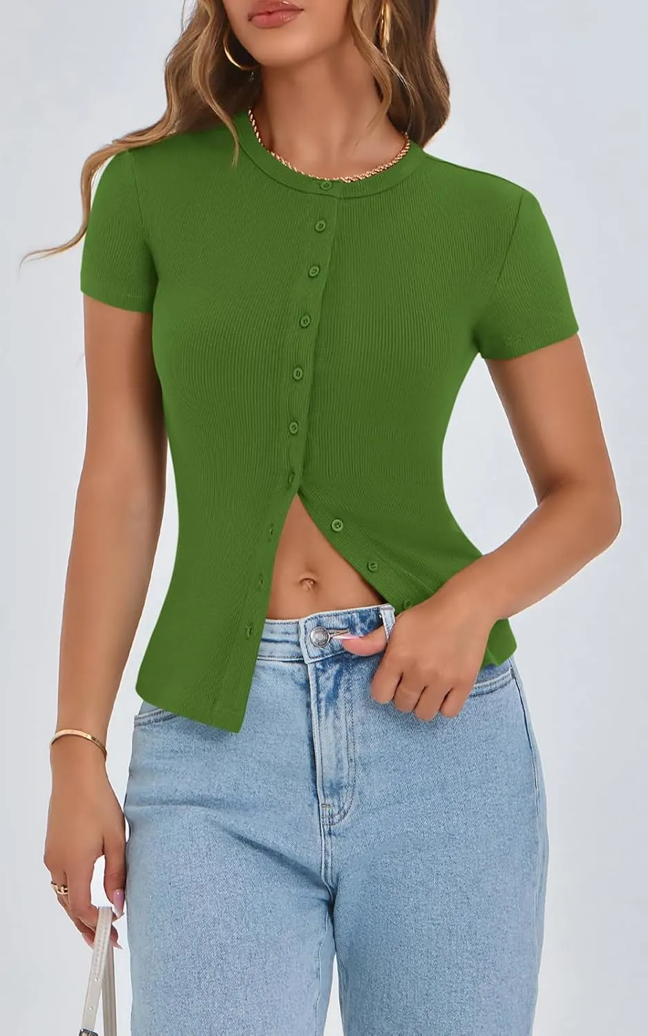PRETTYGARDEN Women's Short Sleeve Summer Tops 2025 Trendy Ribbed Knit Button Up Tight Basic Tees Shirts Going Out Y2K Clothes