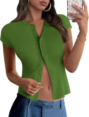PRETTYGARDEN Women's Short Sleeve Summer Tops 2025 Trendy Ribbed Knit Button Up Tight Basic Tees Shirts Going Out Y2K Clothes