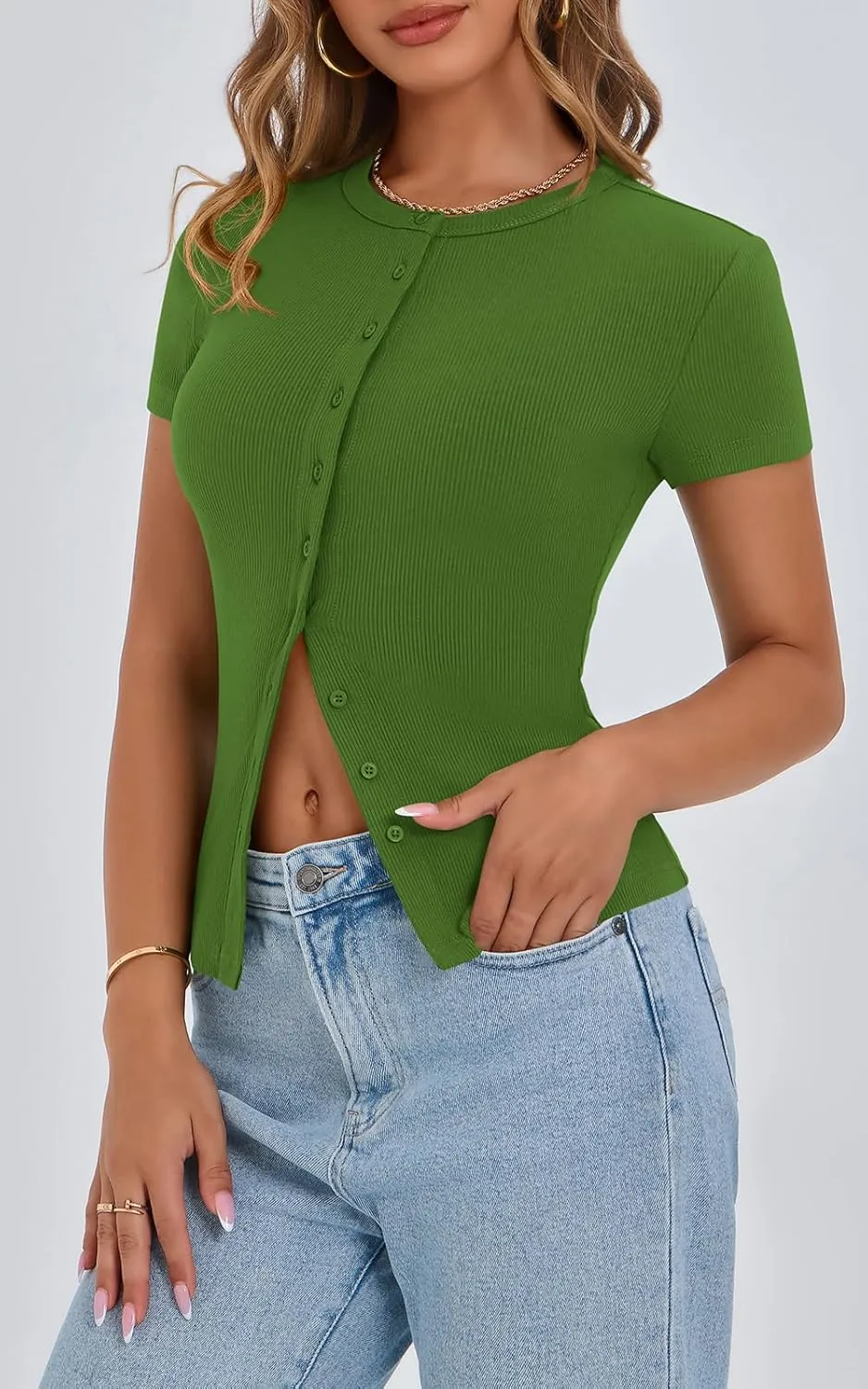 PRETTYGARDEN Women's Short Sleeve Summer Tops 2025 Trendy Ribbed Knit Button Up Tight Basic Tees Shirts Going Out Y2K Clothes