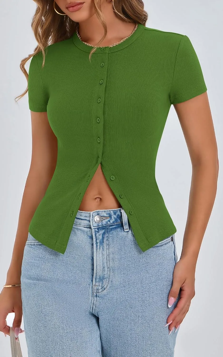 PRETTYGARDEN Women's Short Sleeve Summer Tops 2025 Trendy Ribbed Knit Button Up Tight Basic Tees Shirts Going Out Y2K Clothes