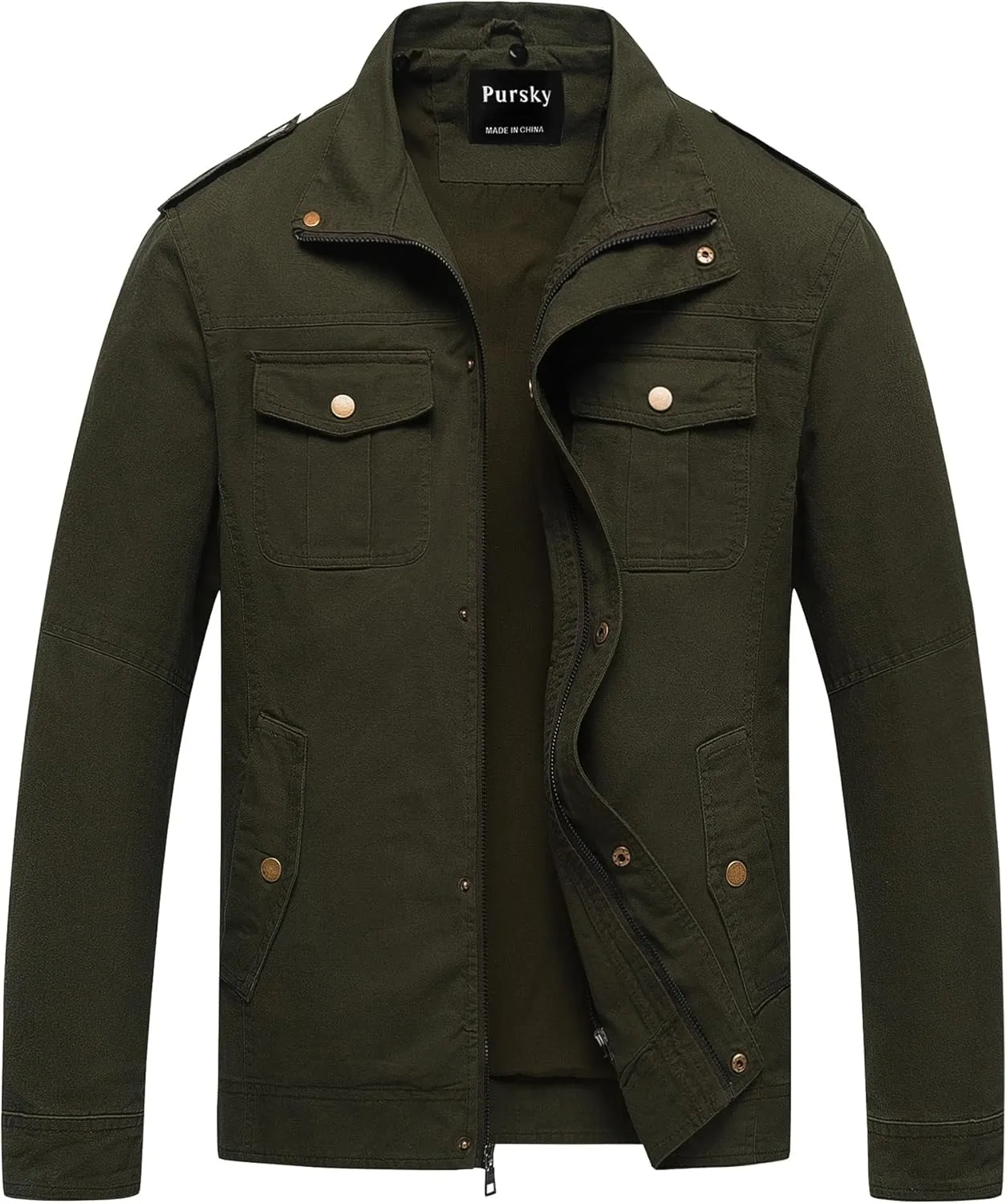 Pursky Men's Military Jacket Casual Washed Cotton Hooded Canvas Coat Fall Coat