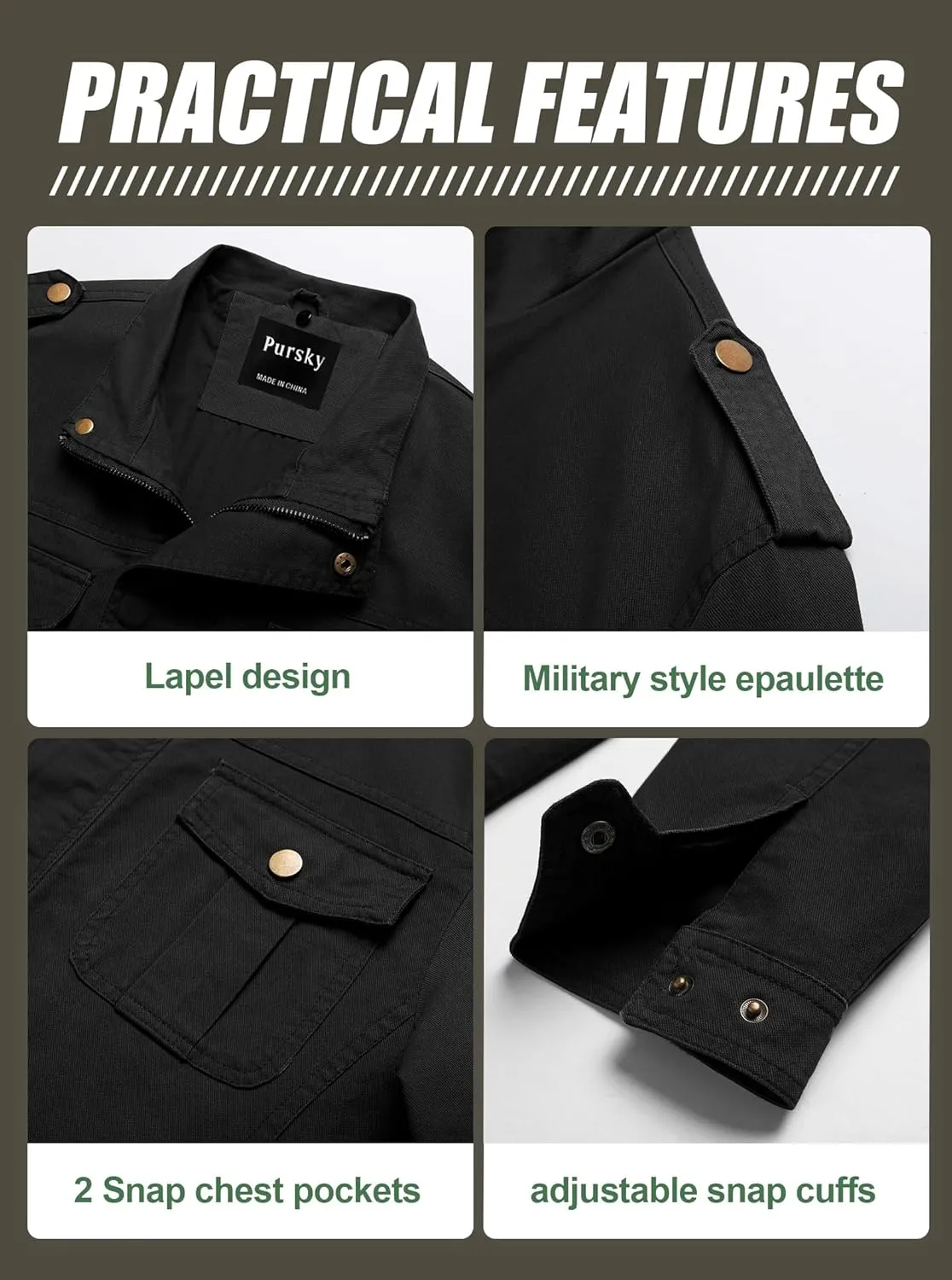 Pursky Men's Military Jacket Casual Washed Cotton Hooded Canvas Coat Fall Coat