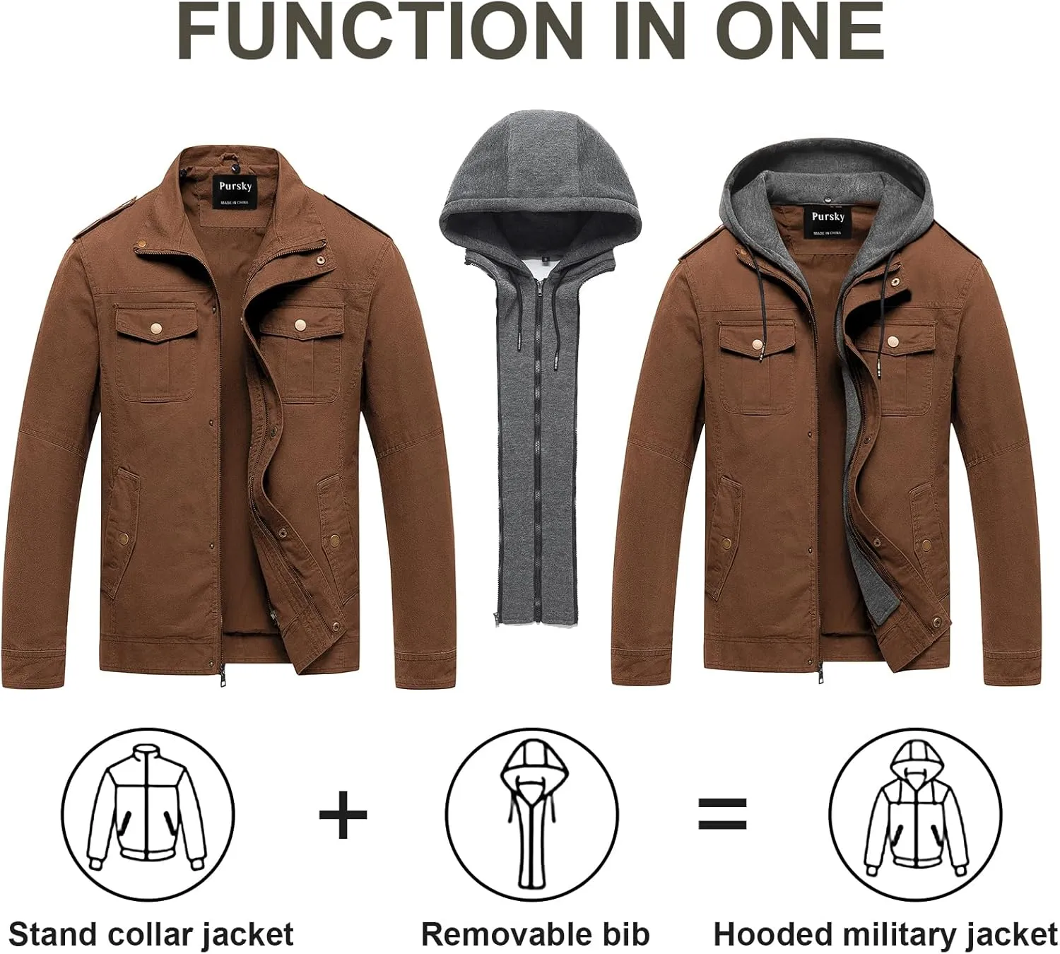 Pursky Men's Military Jacket Casual Washed Cotton Hooded Canvas Coat Fall Coat