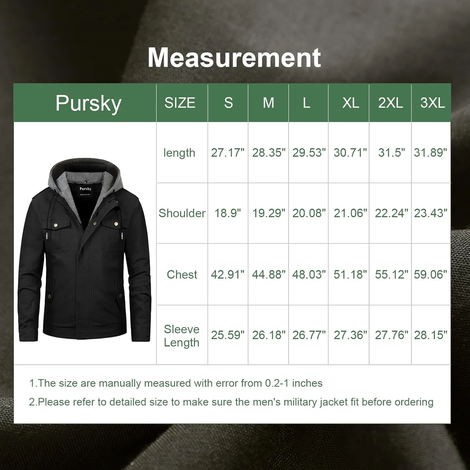 Pursky Men's Military Jacket Casual Washed Cotton Hooded Canvas Coat Fall Coat