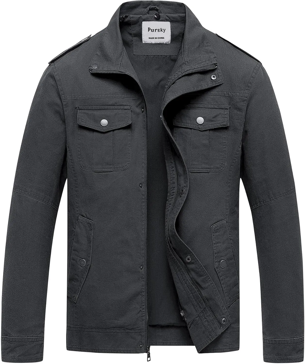Pursky Men's Military Jacket Casual Washed Cotton Hooded Canvas Coat Fall Coat