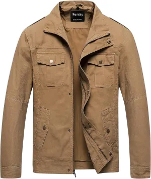 Pursky Men's Military Jacket Casual Washed Cotton Hooded Canvas Coat Fall Coat