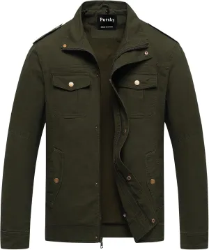 Pursky Men's Military Jacket Casual Washed Cotton Hooded Canvas Coat Fall Coat