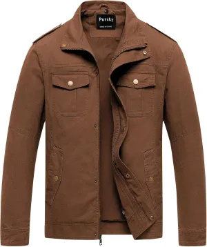 Pursky Men's Military Jacket Casual Washed Cotton Hooded Canvas Coat Fall Coat