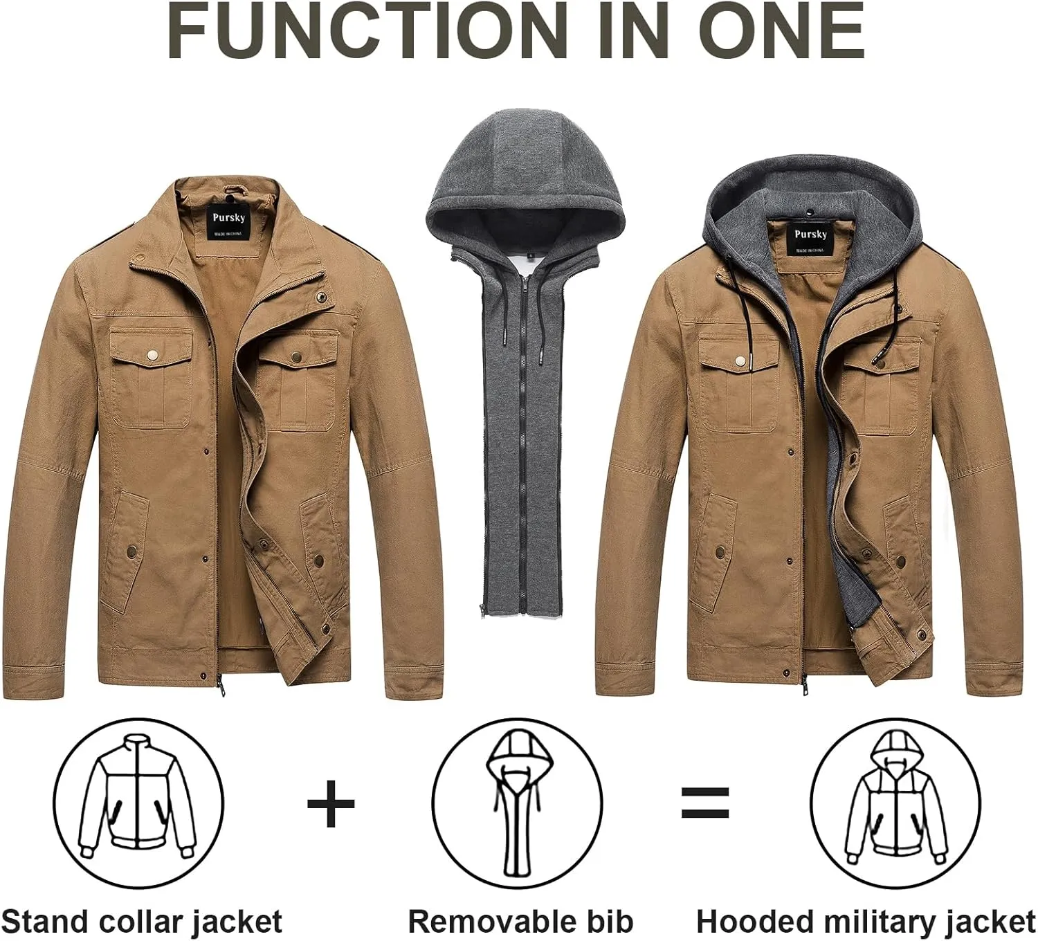 Pursky Men's Military Jacket Casual Washed Cotton Hooded Canvas Coat Fall Coat