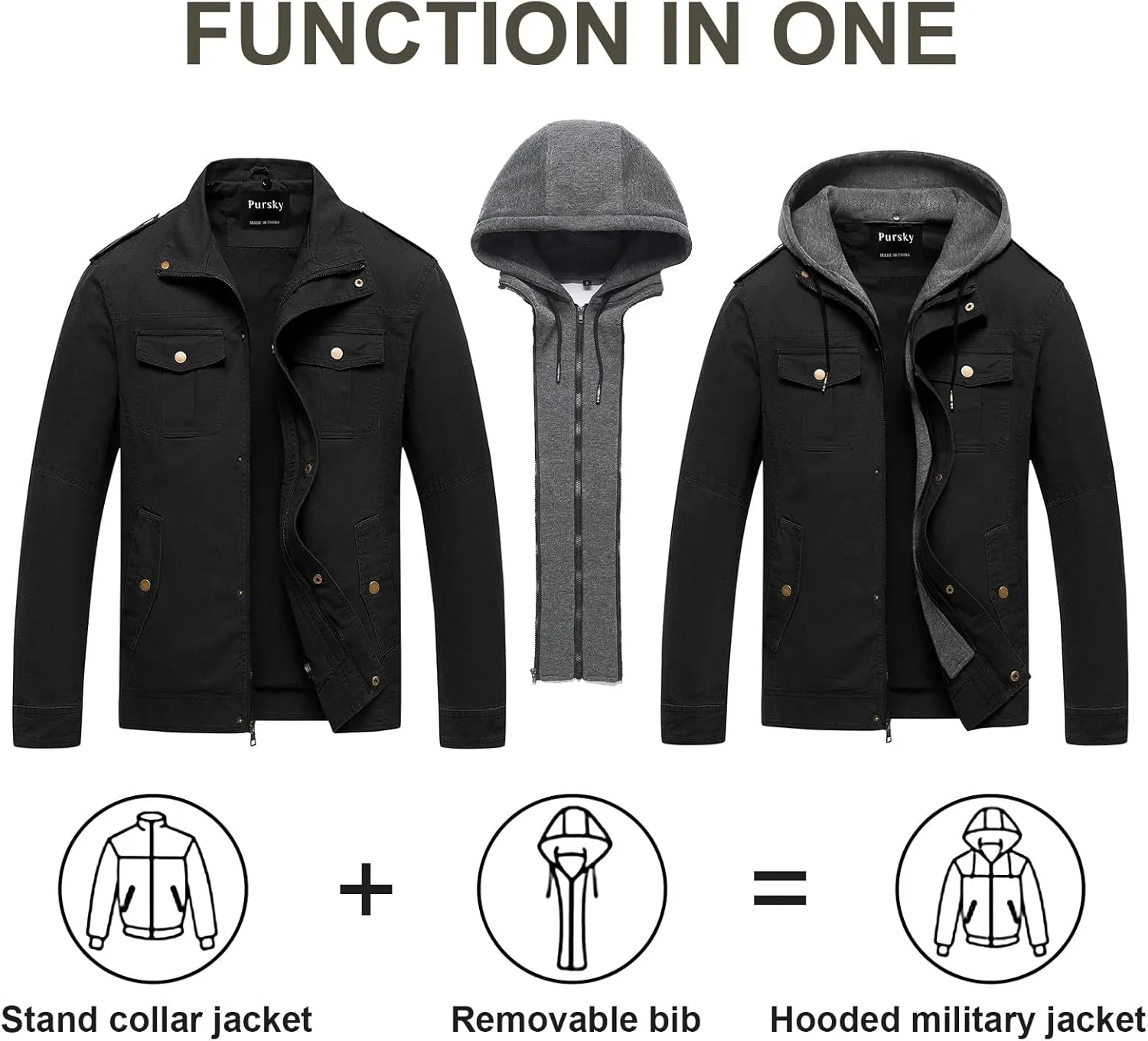 Pursky Men's Military Jacket Casual Washed Cotton Hooded Canvas Coat Fall Coat