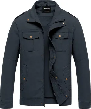 Pursky Men's Military Jacket Casual Washed Cotton Hooded Canvas Coat Fall Coat