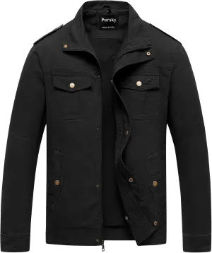 Pursky Men's Military Jacket Casual Washed Cotton Hooded Canvas Coat Fall Coat